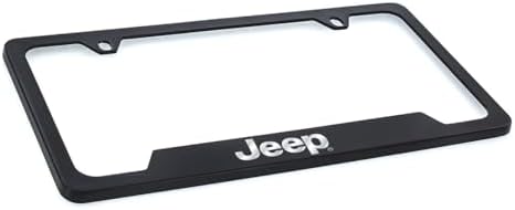 Jeep Black Coated Metal License Plate Frame with Exposed Chrome Jeep Bottom Notched