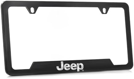 Jeep Black Coated Metal License Plate Frame with Exposed Chrome Jeep Bottom Notched