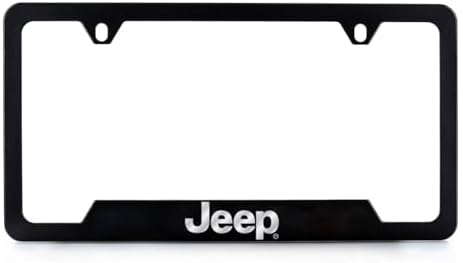 Jeep Black Coated Metal License Plate Frame with Exposed Chrome Jeep Bottom Notched