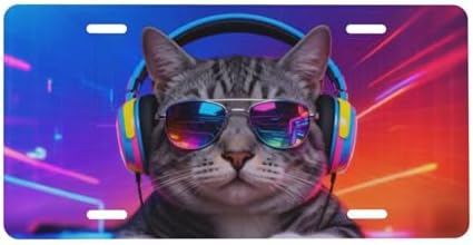Cool Cat Glasses Neon Front License Plate 6" * 12" for Women