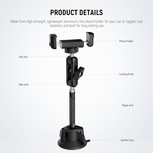NEEWER Phone Holder for Your Car, 360° Rotating Vacuum Suction Cup Metal Cell Phone Mount Extended Magic Arm Compatible with iPhone Samsung for Windshield Skylight Navigation Video Recording, PA137