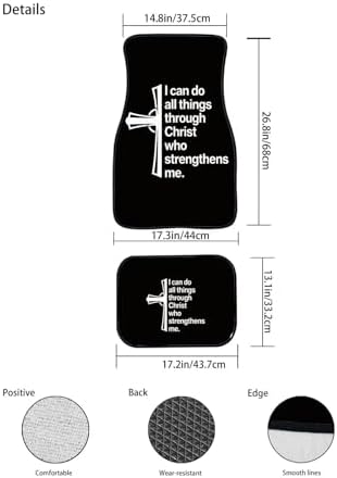 Inspirational Text Carpet Floor Mat I Can Do All Things Heel Pad 4PC for Cars Trucks SUV Seat Decor,Black Cross Minimalism Non Slip Car Floor Mats Heel Pad