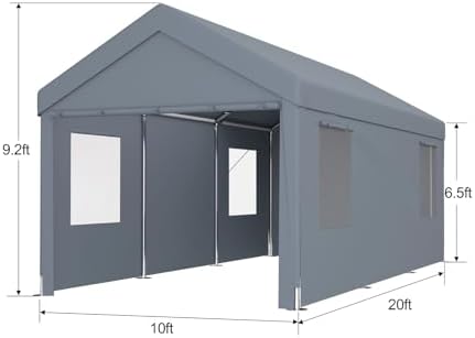 10x20FT Canopy, Outdoor Portable Garage with 2 Roll-Up Doors & 4 Ventilated Windows, Patio Camping Heavy Duty Car Port Canopy with PE Cover, Ground Pegs & Steel Cables, Easy Assembly, Grey - Image 2