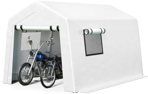 Jocoevol 8x10 FT Enclosed Carport with Roll-up Windows, Removable Sidewalls & Doors and Wind Ropes for Bike Motorcycle, White by JOCOEVOL