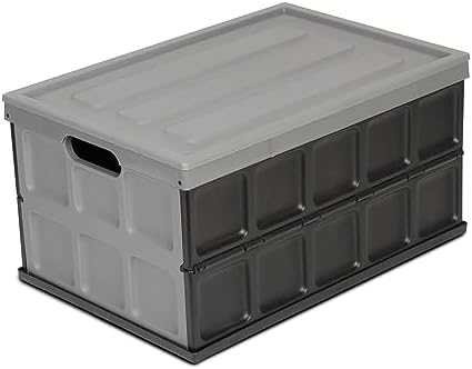 Glad Collapsible Storage Bin with Lid - 48L Foldable Plastic Box for Garage, Car Trunk, and Organization - Stackable Lidded Container with Handles, Grey by Glad