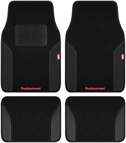 Rubbermaid Car Mats, Carpeted Floor Car Mat with Faux Leather & Built-in Heel Pad, Two-Tone Car Rug Floor Mats, Stylish Carpeted Floor Mats for Cars, Trucks & SUVs Black Color