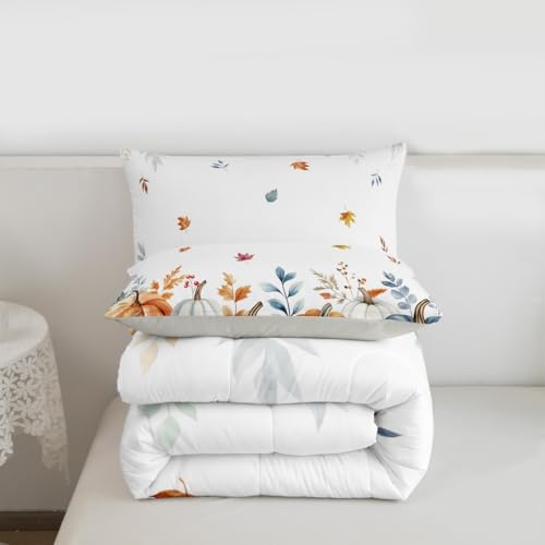 Erosebridal Fall Pumpkin Bedding Full,Autumn Maple Leaves Comforter Set Watercolor Pumpkins Eucalyptus Bed Sets Harvest Thanksgiving Farmhouse Duvet Insert 3 Pieces - Image 5