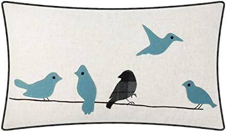 JWH Bird Throw Pillow Cover 14x24 Beige Turquoise Blue Grey by JinwenHome