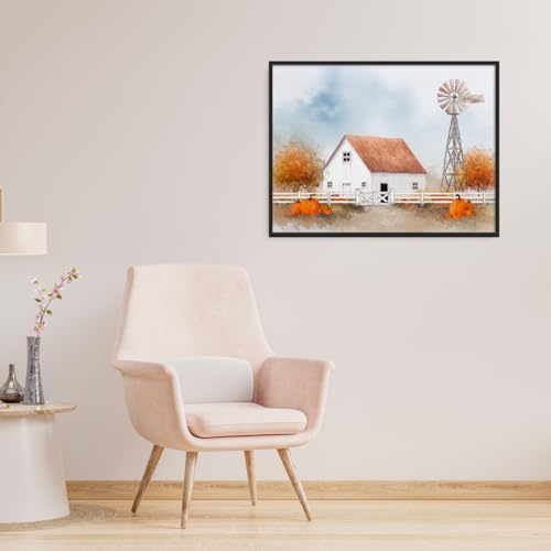 White Barn with Pumpkins Wall Art – Autumn Farmhouse Landscape Poster,Rustic Fall Windmill Canvas Print for Entryway or Thanksgiving Dining Room Decor 12x16in Black aluminum frame - Image 4