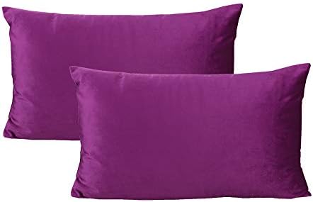 12x20 Inch Set of 2 Rectangle Lumbar Velvet Soft Throw Pillow Cases Solid Cushion Covers Home Decorative for Couch Sofa Bedroom, Purple Magenta by VAKADO