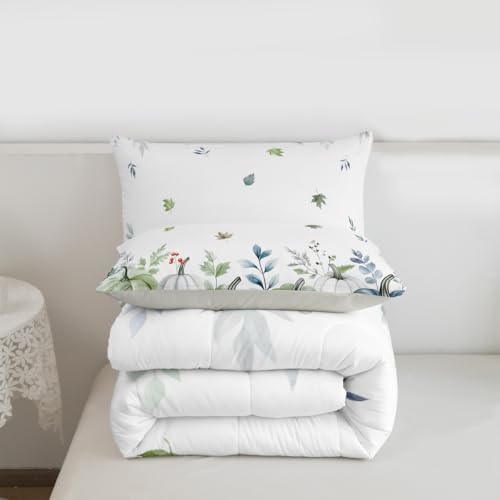 Erosebridal Pumpkins Eucalyptus Leaves Comforter Set for Kids Boys Girls Blue Pumpkins Fall Decor Bedding Autumn Fall Duvet Set Thanksgiving Farmhouse Comforter Twin with 1 Pillowcase - Image 5