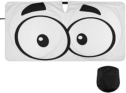 Cute Cartoon Eyes Windshield Sun Shade, Car Sunshade for Auto Truck SUV, Sun Shield that Keeps Your Vehicle Cool, Foldable, Storage Bag (62 x 32 in)