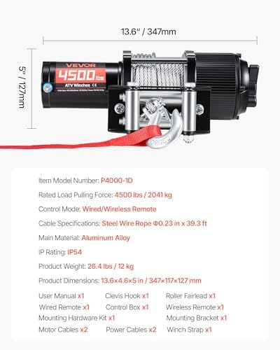 VEVOR 4500 lbs Electric Winch, 12V DC ATV/UTV Winch with Φ0.24 in x 39.4 ft Steel Wire Rope, Wireless & Wired Remote Control, IP54 Waterproof, Roller Fairlead Mount Plate for Towing ATV UTV Off-Road - Image 7