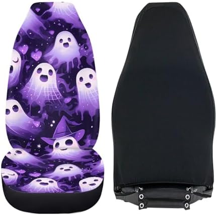 Ghost 2 Pcs Car Seat Covers Full Set, Halloween Cute Gothic Ghost Front Split Bench Seat Covers for Cars, Purple Fluid Painting Universal Seat Cover for Sedan,SUV,Truck