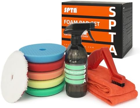 SPTA 10 Pcs Detailing Set, 5Pc 6 inch Buffing Polishing Pads, 1 Microfiber Finish Pad, 1-16 oz Polishing Cleaner, 1 Conditioning Brush, 2-16"*16" Microfiber Towel. for Dual Action and Rotary Polishers by SPTA