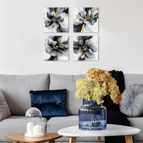 Black and White Gold Flower Wall Art Abstract Wall Decor Marble Texture Picture Canvas Prints Watercolor Minimalist Foil Fluid Framed Poster Modern Artwork for Bedroom Office Home Decoration 12x12 4P - Image 2