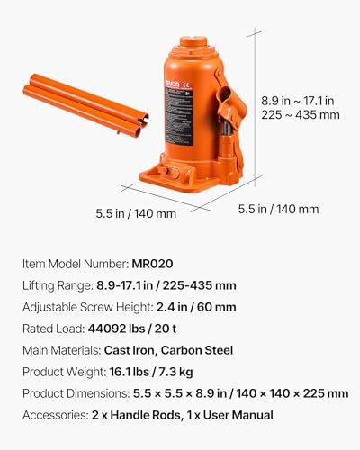 VEVOR Hydraulic Bottle Jack, 20 Ton/44092 LBS All Welded Bottle Jack, 7.5-14 inch Lifting Range, with 3-Section Long Handle, for Pickup Truck, Truck, Car, RV, Auto Repair, Industrial Engineering - Image 7