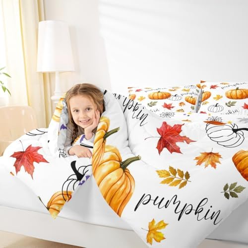 Erosebridal Happy Thanksgiving Kids Comforter Set | Pumpkin Fall Bedding Full Size Harvest Autumn Down Comforter Farmhouse Maple Leaves Duvet Set for Bedroom - Image 7