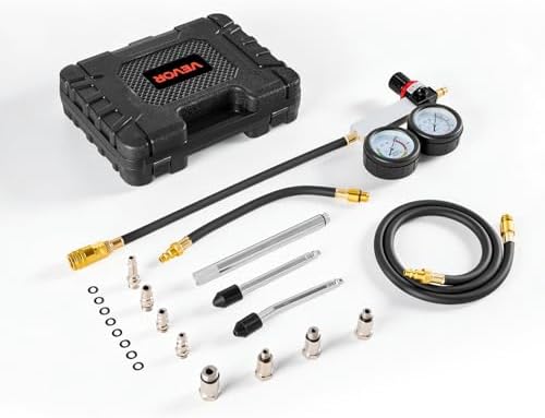 VEVOR Engine Cylinder Compression Tester Kit, Pressure Gauge Range of 0-100 PSI, Automotive Leak Down Tester Kit with 4 Adapters, 2 Metal Tubes, Pressure Check & Leakage Rate Test on Cars, Motorcycles by VEVOR