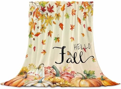 DecorLovee Orange Hello Fall Blanket 30"x40", Reversible Thanksgiving Pumpkins Throw Blanket for Couch/Bed/Camping, Maple Leaf Lightweight Soft Throw Blankets for Kids, Warm Fuzzy Blankets for Winter by DecorLovee
