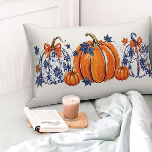 Fall Pillow Covers 12x20 Set of 2 Chinoiserie Blue and Orange Pumpkin Throw Pillows Autumn Thanksgiving Decorative Pillow Cases Harvest Outdoor Decor Linen Farmhouse Cushion Case for Couch Bed - Image 2