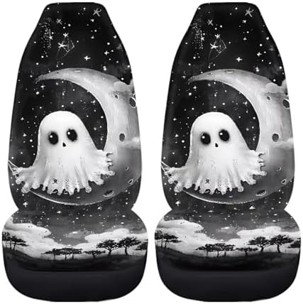 2 Pcs Halloween Ghost Car Seat Covers Set Vehicle Front Seat Protector Auto Interior Accessories Protetors Car Mat Covers Universal fit Most Car SUV Van Truck