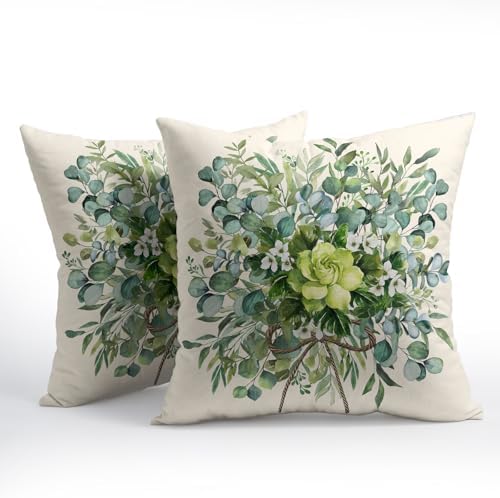 Spring Pillow Covers 18x18 Set of 2 Green Floral Throw Pillow Covers Rustic Pillowcase Linen Decoration Farmhouse Soft Decorative Summer Cushion Case Couch for Indoor Outdoor Home Decor - Image 2