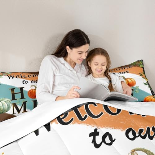 Homewish Fall Pumpkin Bedding Set Full Size Rustic Farm Botanical Comforter Set 3Pcs Kids Girls Women Boys Bedroom Decor Colorful Stripes Graffiti Quilt Set Black White Grid Duvet Insert,2 Pillowcase - Image 2