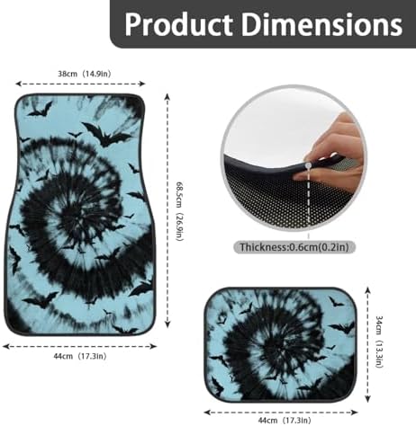 Aqua Black Tie Dye Bat Print Funny Halloween Car Floor Mats 4 PCS, Cute Durable Interior Accessories for Car SUV, All Weather Floor Mats with Front Rear Trunk Liners Set for Party