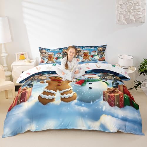 Gingerbread Man Kids Bedding Set King Size,Cute Snowman Merry Christmas Duvet Cover Set，Snowflake Winter Xmas Poinsettia Room Decor,Blue Brown Quilt Cover,2 Pillowcases(No Comforter) - Image 6
