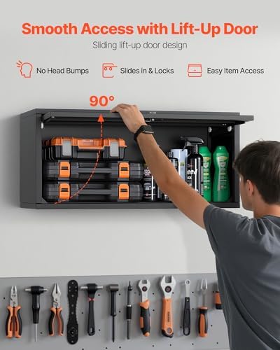 VEVOR Metal Wall Cabinet, 30.31W x 12.01D x 14.02H Inch, Floating Garage Tool Cabinet with Up-Flip Door, 120 lbs Load per Shelf, Fit for Garage, Basement, Kitchen, Warehouse, Assembly Required - Image 5