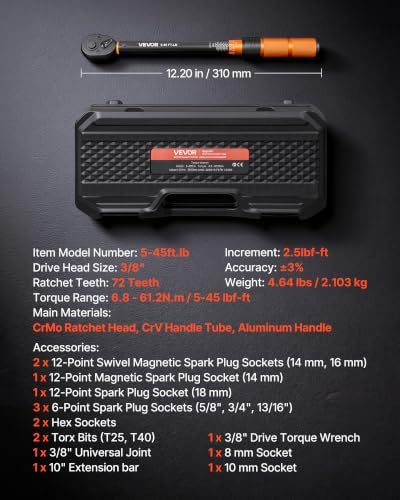 VEVOR Torque Wrench 3/8-inch Drive Click Torque Wrench Dual Scale Readings, 5-45 lbf-ft / 6.8-61.2 N.m, ±3% High Precision, with Spark Plug Sockets, Bits, Universal Joint, Extension Bar, Storage Case - Image 2