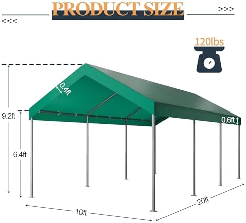 Shintenchi 10x20 FT Heavy Duty Carport,Green - Image 2