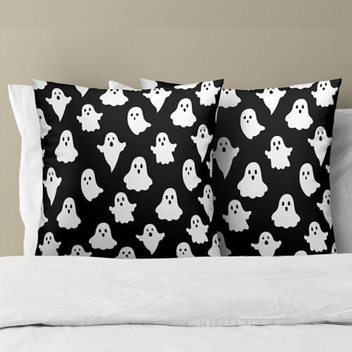 Happy Halloween Throw Pillow Covers 16X16 Inches Set of 2 White Cute Ghost Spooky Black Pillowcase Soft Cotton Square Cushion Covers for Home Sofa Bedroom Decoration - Image 3