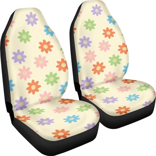 2 Pack Aesthetic Hippie Flower Car Seat Covers for Women,70S 80S Boho Groovy Floral Seat Cover for Front Seats,Washable Non Slip Comfy Seat Cushion Universal Fit SUV Truck Vehicle