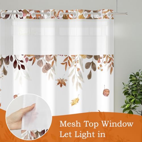 No Hook Shower Curtain with Snap in Liner, Hotel Style Watercolor Autumn Fall Pumpkin Falling Leaves Thanksgiving Shower Curtain Waterpoof Washable with See Through Top Window,71"x86" - Image 3