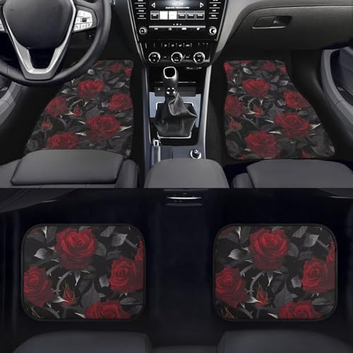 Garden Car Accessories Floor Mats 4PCS, Red Rose Rubber Front and Rear Mats Non-Slip Floor Mats, Vintage Thron Floral All Season Heel Pad Fit for SUV Van