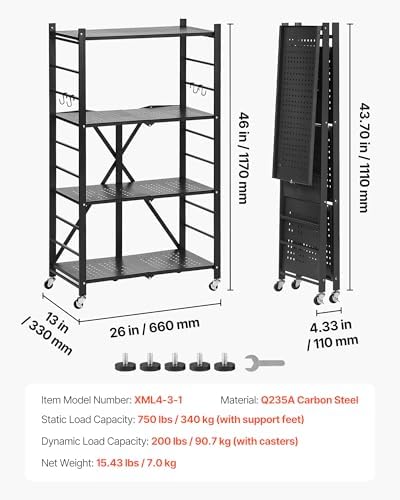VEVOR 4-Tier Foldable Storage Shelf, 26W x 13D x 46H Inch Folding Metal Rack Shelving Unit, No Assembly Organizer Shelf with 5 Wheels & 4 Hooks for Pantry, Kitchen, Garage, Basement, Black - Image 3