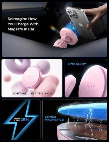 LISEN 15W MagSafe Car Mount Charger for iPhone 18 Pro Max, [Light Pink] Magnetic Wireless Car Charger, Dashboard & Air Vent Car Phone Holder Mount for iPhone 17-12, Samsung, Car Accessories for Women