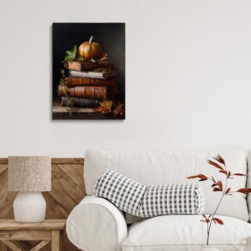 Vintage Pumpkin Still Life Wall Art – Antique Books with Fall Leaves Canvas Print,Dark Academia Autumn Aesthetic Poster for Reading Nook Decor 24x36in Large Frame wall art - Image 5