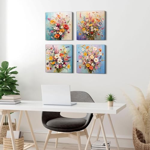 Watercolor Wildflower Wall Art Bedroom Decor Colorful Flower Pictures Canvas Prints Floral Botanical Wall Art Floral Painting Nature Poster Artwork for Living Room Bathroom Home Decoration 16x16”4Pcs - Image 3