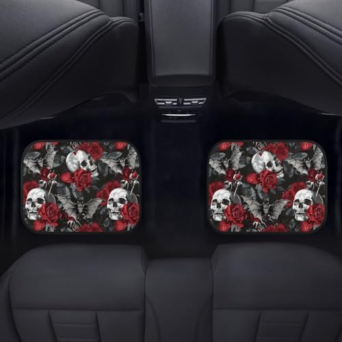 Skull Car Rubber Floor Mat Retro Gothic Rose Bat 4PCS Geometric Fragments Front and Rear Mats Non-Slip Floor Mats Heel Pad Halloween Black Skull Fit for SUV Van Truck Car