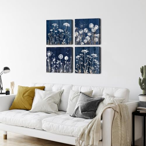 Farmhouse Dandelion Wall Art White Wildflower Canvas Picture for Bathroom Vintage Navy Blue Botanical Flower Painting Contemporary Still Life Plant Wall Decor Office Kitchen Home Decorations 20x20" 4P - Image 3