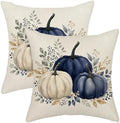 Fall Pillow Covers 18x18 Set of 2 Blue White Pumpkin Eucalyptus Leaves Pillow Covers Autumn Decorative Ourdoor Pillow Cases Thanksgiving Harvest Farmhouse Linen Cushion Cover for Couch Decor by Gohdiwh