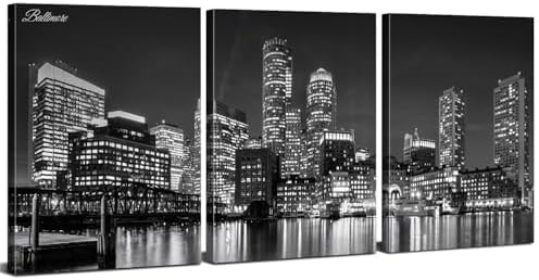 Baltimore Skyline Wall Art Black and White Night Maryland Skyscraper Pictures Prints Office Wall Decor USA Cityscape Canvas Painting Harbor City Panoramic Artwork for Bedroom Home Decoration 24x36" 3P by sunfrower