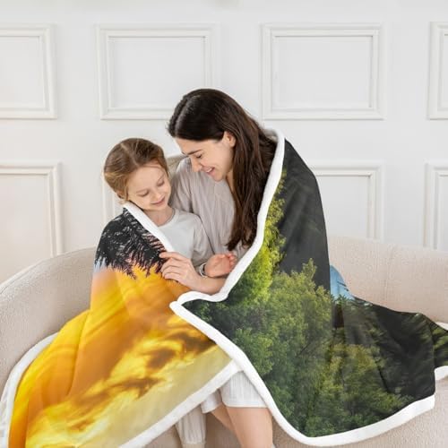 Nature Landscape Sherpa Blanket Mountain Jungle Sunrise Throw Blanket Bedroom Living Room Soft Cozy Jungle Trees Farmhouse Blankets Decor for Bed Couch Sofa Green Blue Gold Flannel Blankets 90"x90" - Image 2