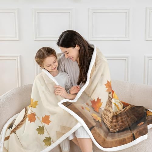Fall Pumpkin Throw Blanket Harvest Basket Fleece Flannel Blankets Kids Boys Girls Room Decor Maple Leaf Thanksgiving Bed Blankets for Bed Sofa Couch Orange Yellow White Plush Blanket Twin 60"x80" - Image 2