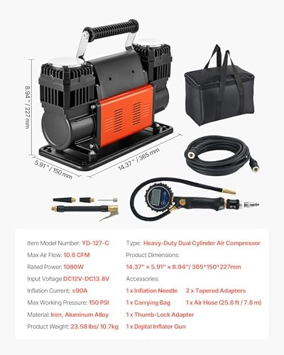 VEVOR Dual-Cylinder Heavy Duty Air Compressor, 10.6CFM Portable Tire Inflator, 12V 150PSI Offroad Air Pump with Digital Pressure Gauge & Adapters for Truck Car SUV 4 x 4 Vehicle RV - Image 7