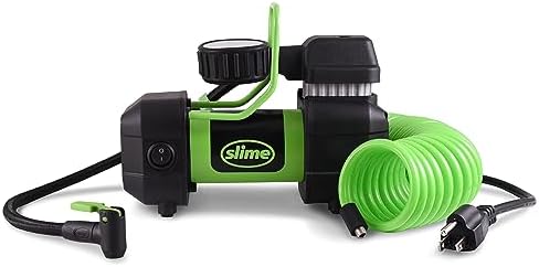 Slime 40045 Home Tire Inflator, Wall Mounted 120V, SUV, 4x4 Air Compressor, Heavy Duty, 2X Pro Power, with Analog 100 psi Dial Gauge, Long Hose and LED Light, 4 min Inflation by Slime