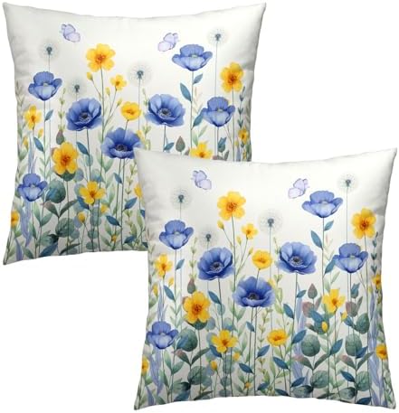 Sweetshow Spring Blue Yellow Flowers Throw Pillow Covers 20X20 Inches Set of 2 Poppy Floral Butterflies Pillowcase Soft Cotton Square Seasonal Cushion Covers for Living Room Sofa Bedroom Decor - Image 2